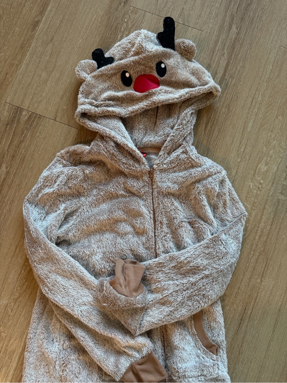 Cozy Adult Reindeer Hooded Fleece Onesie - Light Brown with Red Nose